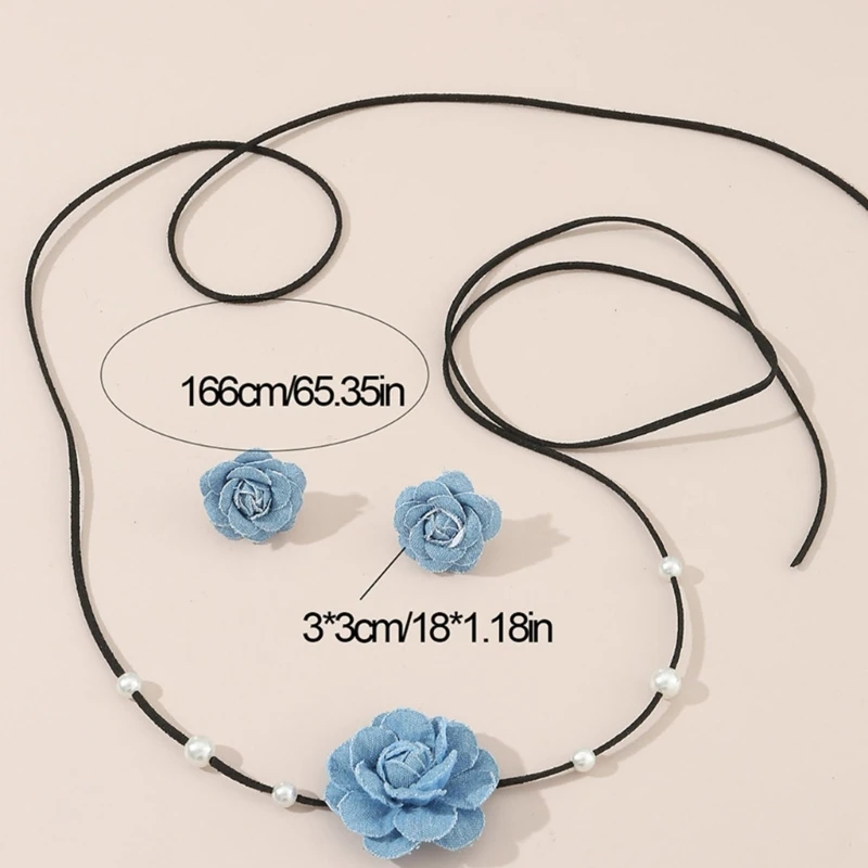Gothic Big Rose Flower Clavicle Chain Necklace Earrings Lace Up Choker Necklace 6