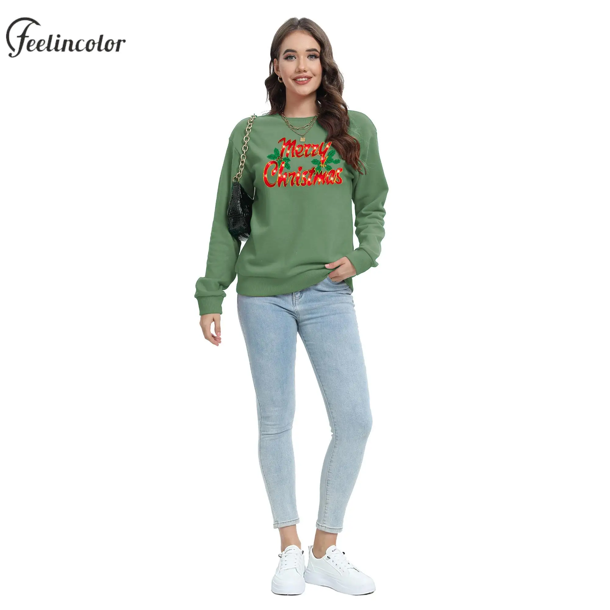 Crewneck New Year Sweatshirt Tracksuit Green Xmas Retro Streetwear Adult Pullover Women Christmas Carnival Women Clothing