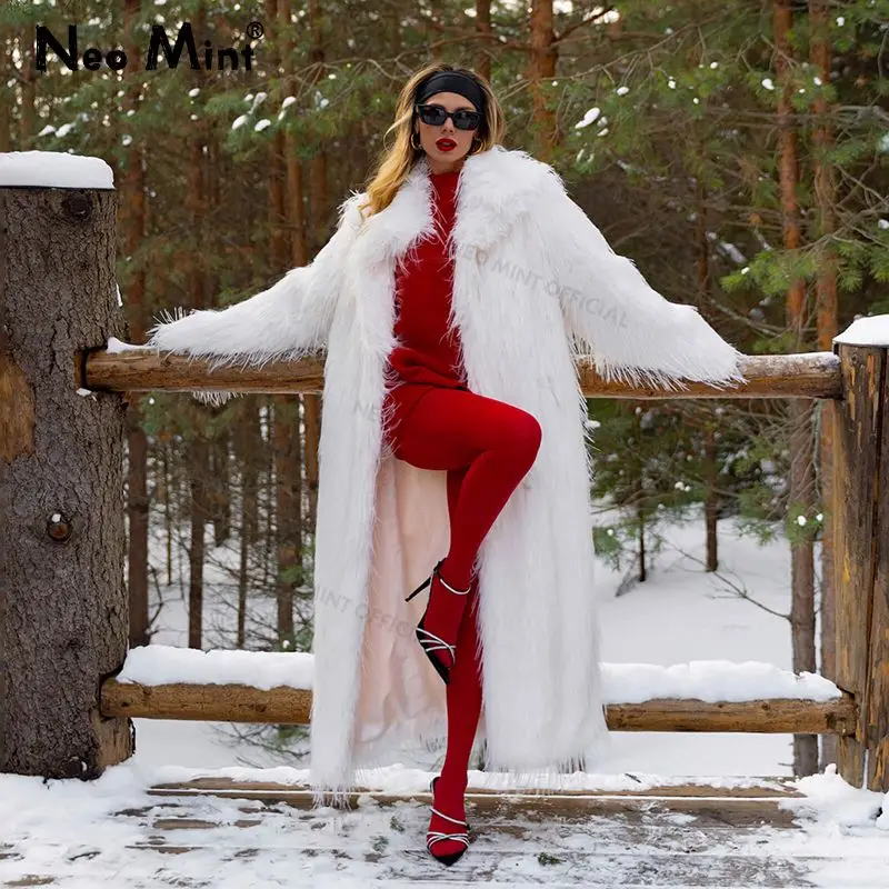 Long Eco Turkey Fur Coat Women Winter Luxury Fashion Tassels Faux Fur Jacket Thick Warm Fluffy Outerwear Overcoat