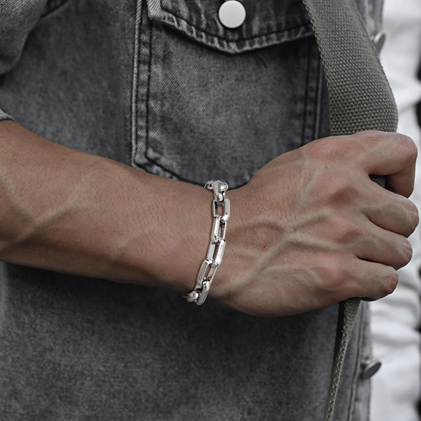Edelstahl Schmuck Mann Armbänder Rechteck Kette Punk Rock Armband Geschenk für Papa Freund Valentinstag Silber Farbe
