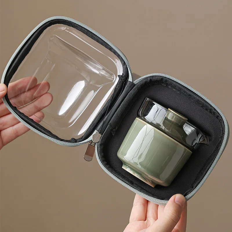 Celadon Porcelain Tea Cup Portable Travel Set with Pot 1 Person Camping Gear Outdoor Brewing Kit for Hiking Picnic Office Use