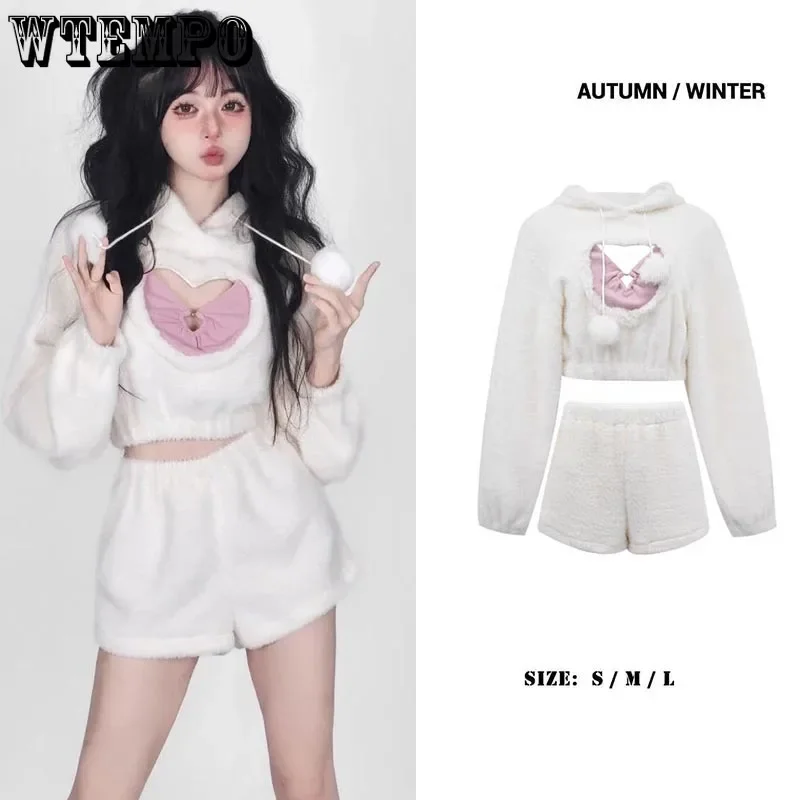 

Cute Plush Hollow Heart Hoodies Women's Suit Shorts+Crop Top Hotsweet Loose Casual Korean Fashion American Spicy Girl Autumn