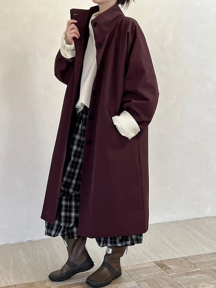 [EAM] Women Navy Blue Big Size Long Elegant Trench New Stand Collar Long Sleeve Windbreaker Fashion Spring Autumn 2025  1DH6843 3