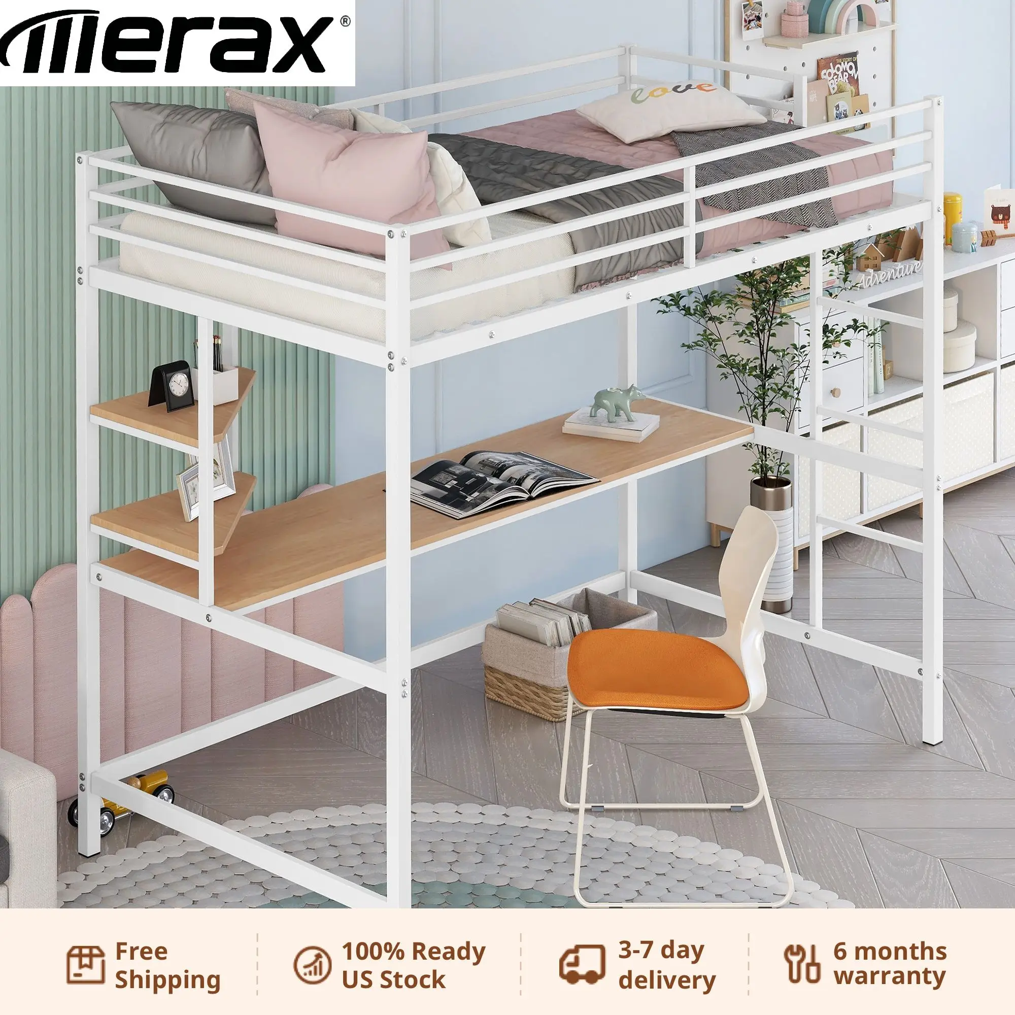 

Metal Loft Bed with Desk and Shelve