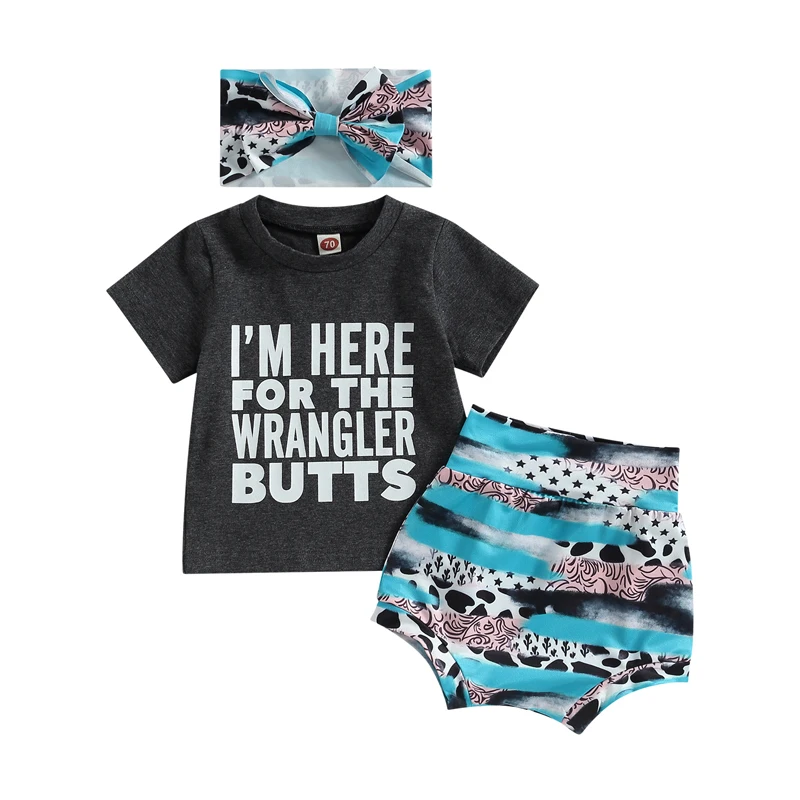 Baby Girls Pants Suit Casual Street Party Short Sleeve Letters Tops Short Pants Bow Head Band