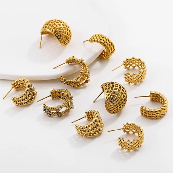 Vintage Hollow Woven Stainless Steel Round Chunky Hoop Earrings for Women Golden Color Multilayer Beaded Earrings Jewelry Gift