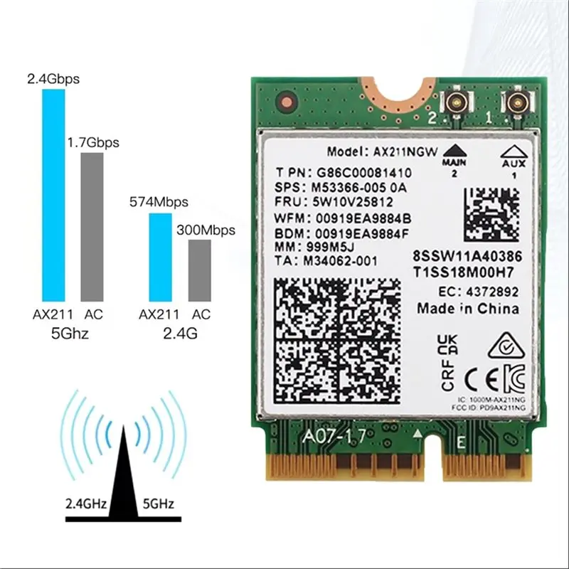 새로운AX211NGW Wifi 6E 카드 5374Mbps 트라이 밴드 2.4Ghz/5Ghz/6Ghz Wifi 카드(10DB 안테나 포함) BT5.3 무선 네트워크 카드 어댑터