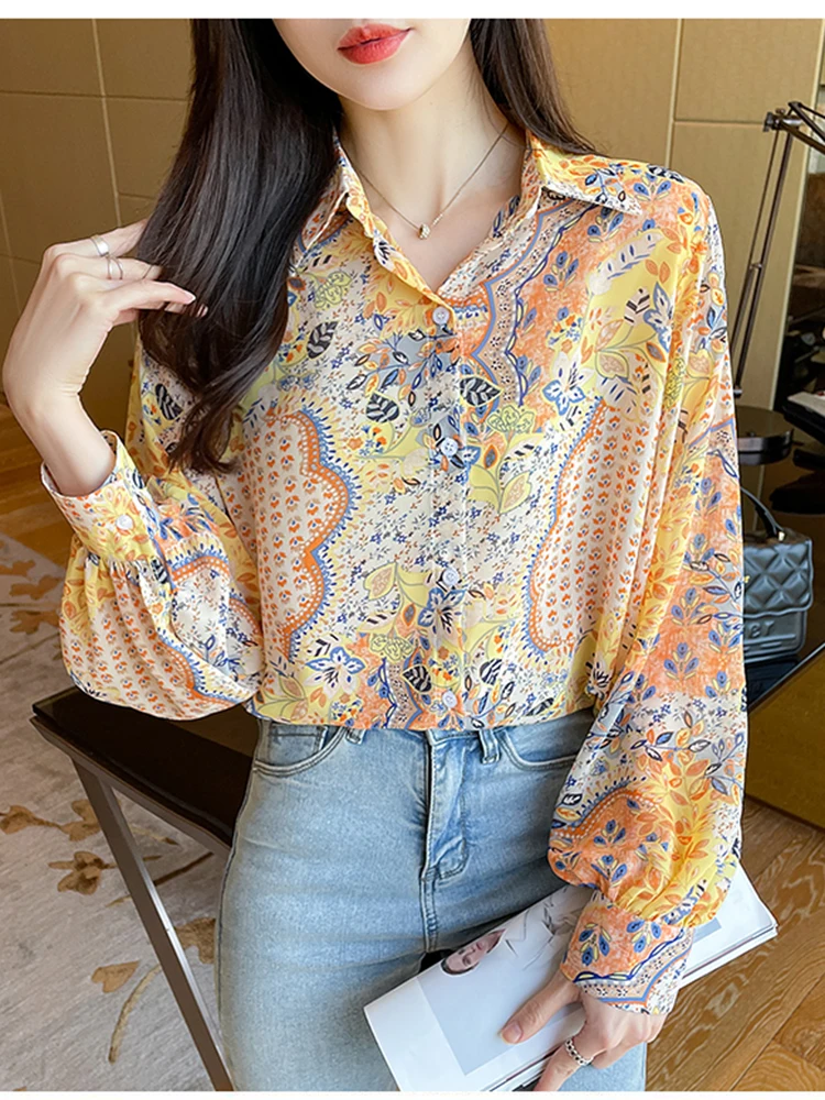 

Women Autumn Winter Shirt 2022 New Temperament Printing Small Floral Lantern Sleeve Shirt Loose Shirt Chiffon Shirt D2606