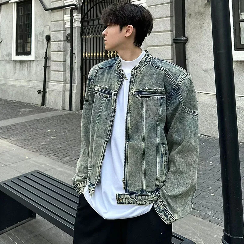 Male Denim Jackets High Street Shoulder Pad Design Patchwork Solid