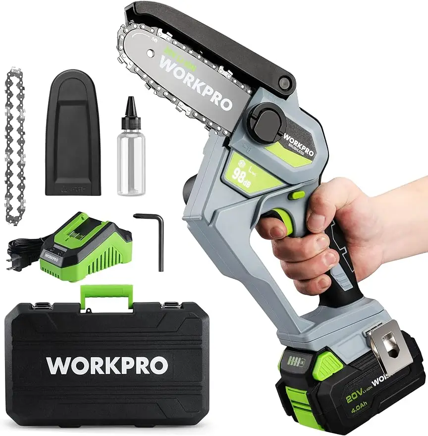 

WORKPRO Mini Chainsaw 6.3“ Brushless Cordless Power Compact Chain Saw with 4.0Ah Battery 20V One-Hand Operated Portable Wood Saw