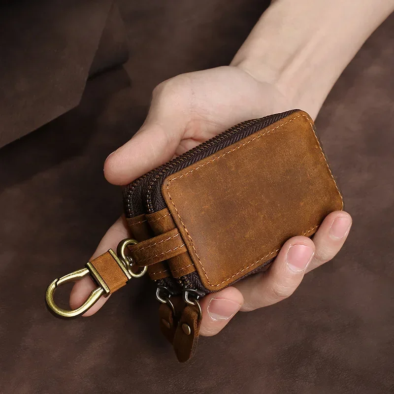 Premium Genuine Leather Double Zipper Car Key Pouch and Wallet Organizer
