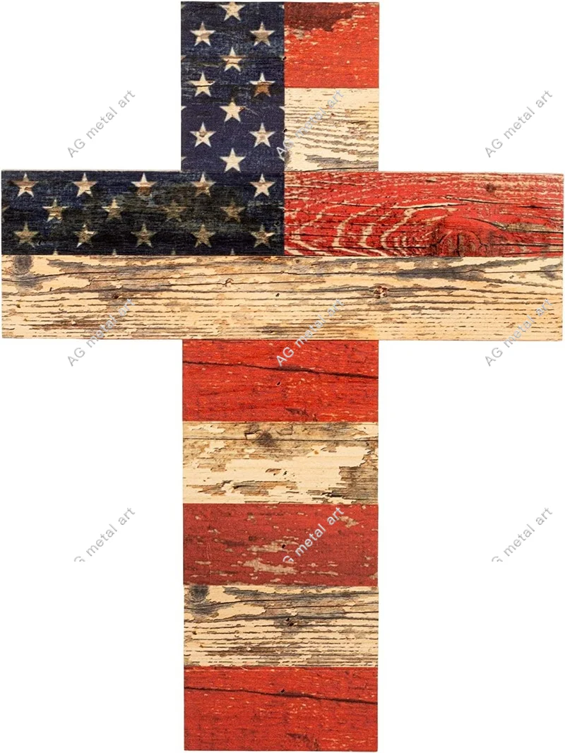 P. Gary Dunn American Flag Patriotic Red White Blue Cracked Design 21.59X30.48 Cm Wood Wall Art Cross Wall Art Deco Poster