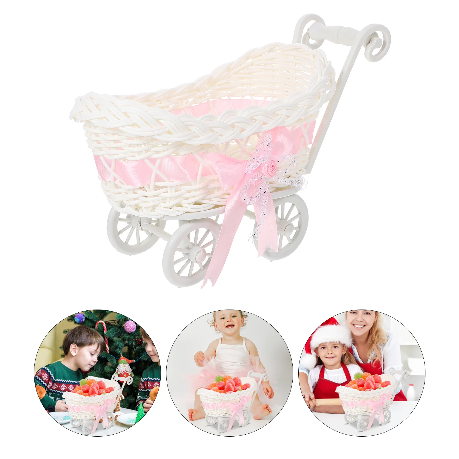 

Basket Baby Cart Shopping Shower Stroller Woven Decorations Mini Cutie Candy Wicker Storage Serving Toy Fruit Rattan Carriage