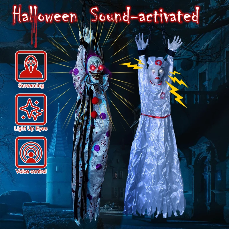 Halloween Animatronics Decorazione Hanging Clown Nurse Controllo Vocale Elettrico Outdoor Spaventoso Liquidazione Horror Haunted House Puntelli