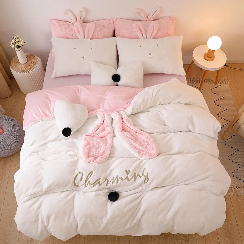 

Luxury Bedding Set with Cute Bunny Ears, Warm Flannel duvet Cover, Pillow Case, Bed Sheet, Double, Large, King Size