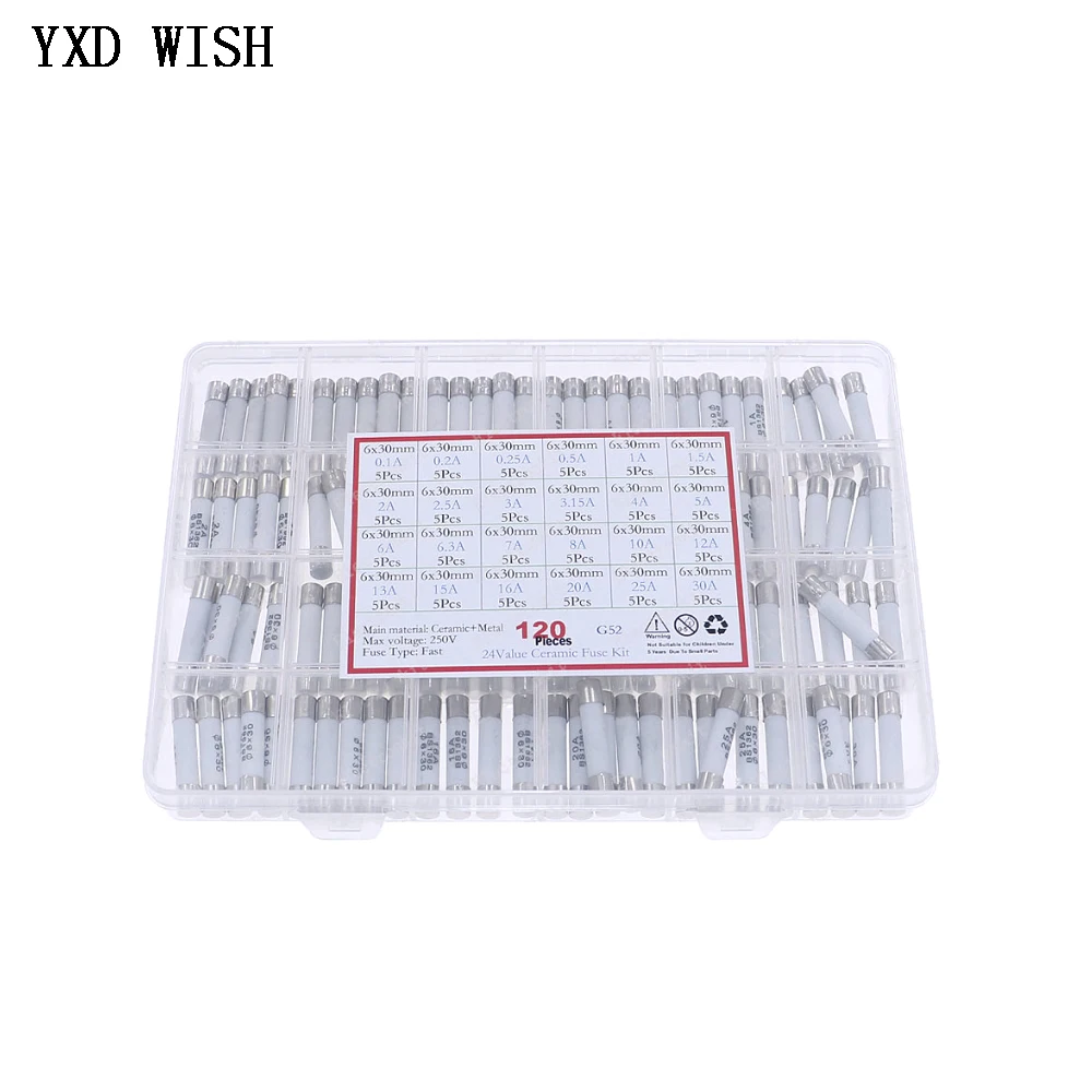 

120pcs 24Value 6x30mm Fast Blow Ceramic Fuse DIY Kit 250V 0.1A 0.2A 0.5A 1A 1.5A 2A 3A 4A 5A 6A 7A 8A 10A 15A 16A 20A 30A Fuses
