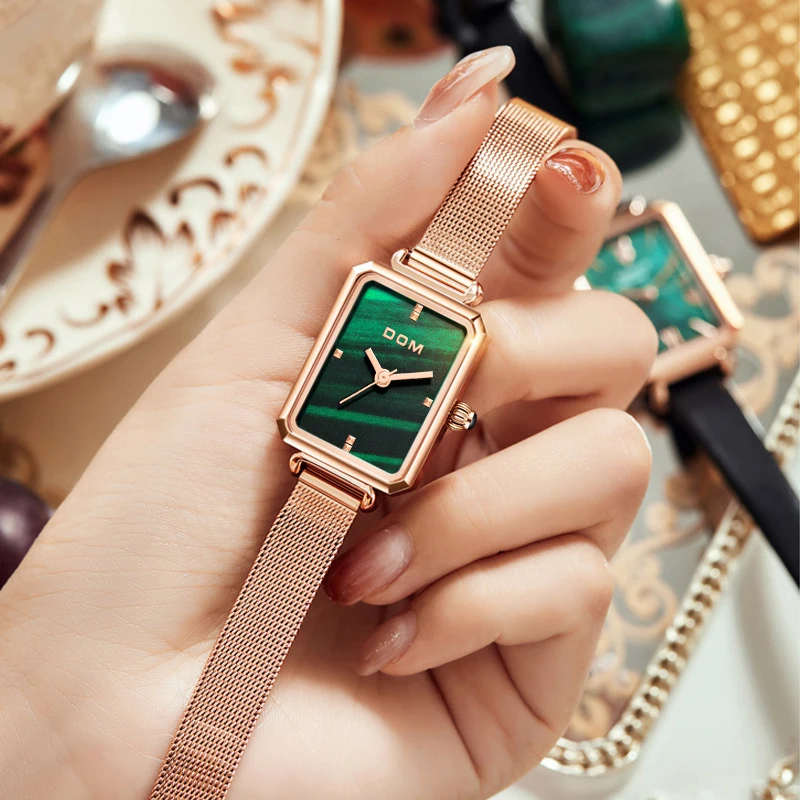 DOM New Ladies Watch Square green dial Fashion Luxury Trend Casual Waterproof Swimming Steel Belt Leather Women's Watch G-1337