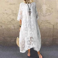 Women's L-5XL Plus Size Summer Round Neck Short Sleeve Lace Long Dress Vintage Handmade Hollow Flower Dress Lace Loose Casual - Image 2