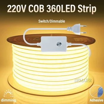 COB LED Strip Switch 220V Dimmable Waterproof 360 LED Strip with Flexible Tape ON/OFF110V for Garden Kitchen Bedroom Lighting 1