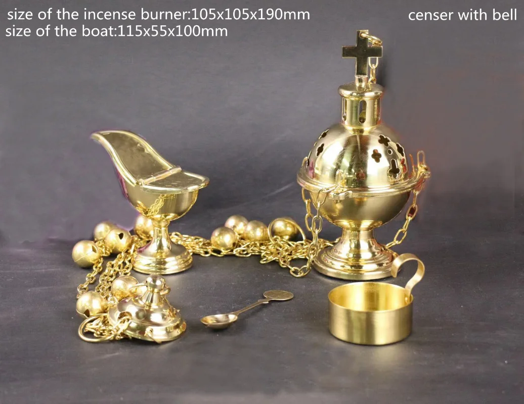 Catholic Incense Burner With Bell Brass Solid Polished Hanging Censer With Boat and Spoon Jesus