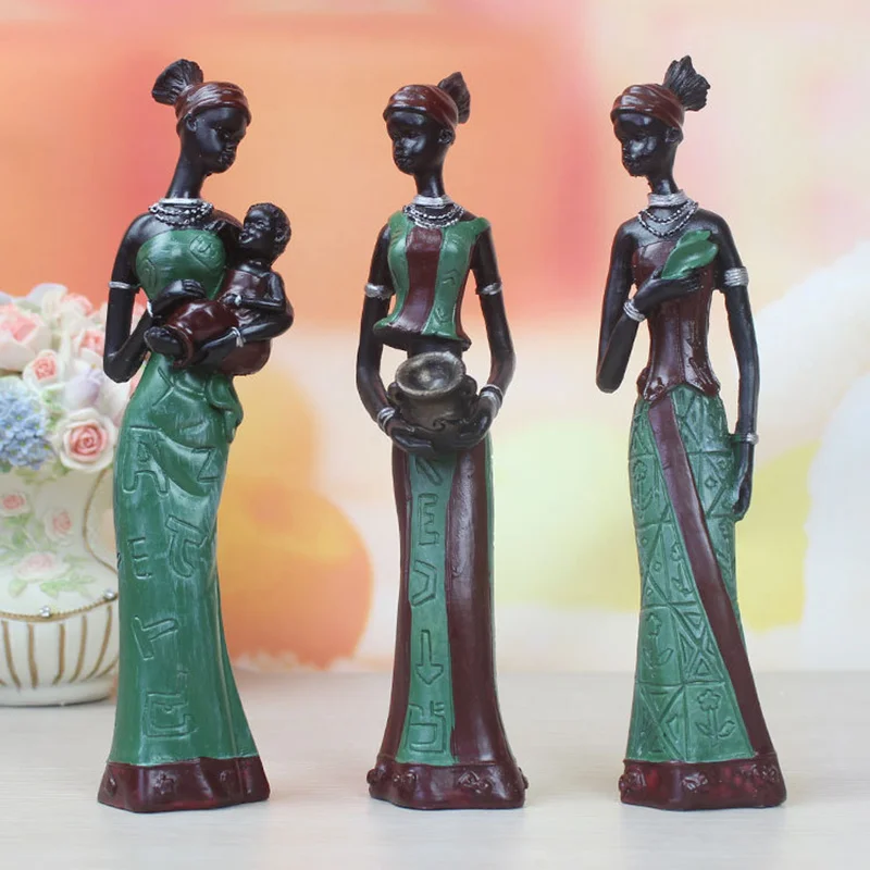 African women figurines home decoration three piece resin craft ornaments tribal lady statue exotic doll living