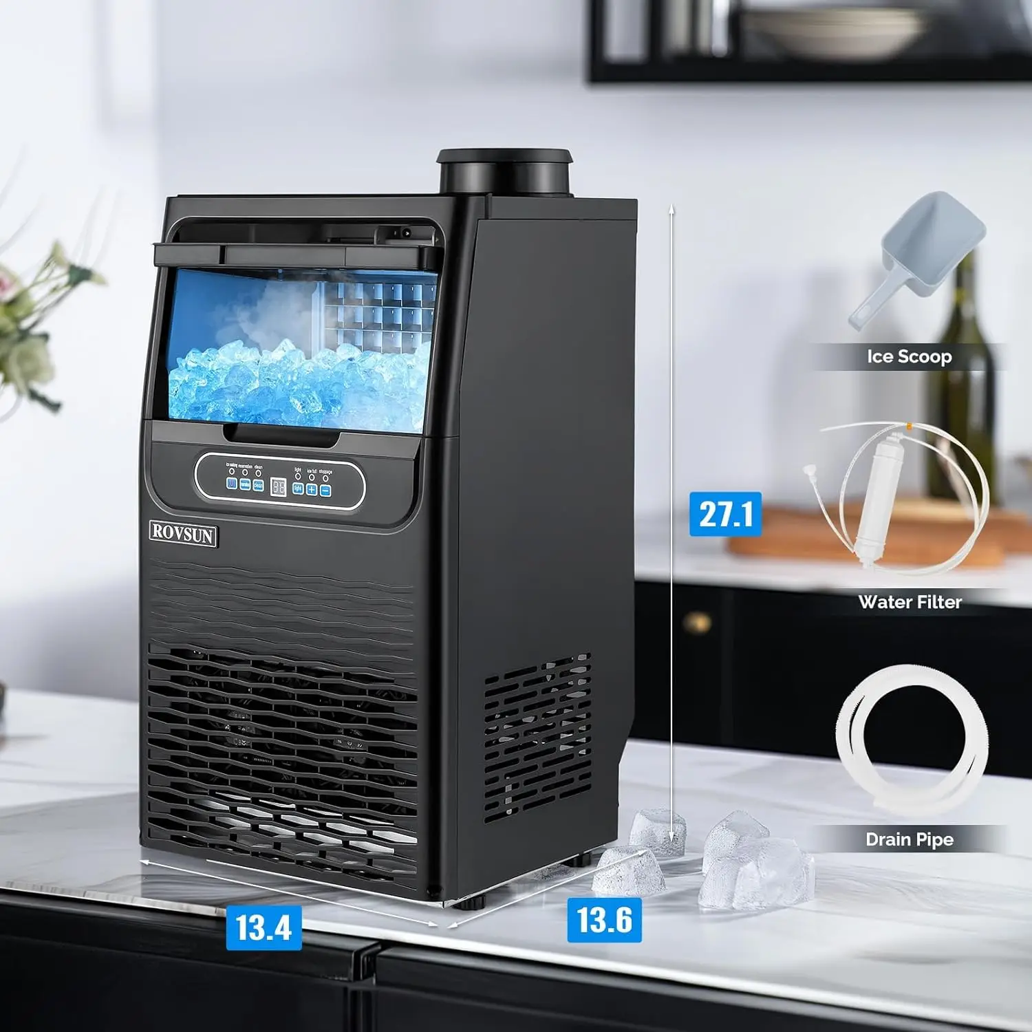 Countertop Ice Maker with 2 Water Inlets & Appointment Function, Freestanding Ice Machine with 11lbs Storage Bin, Ice Scoop, Dra 6