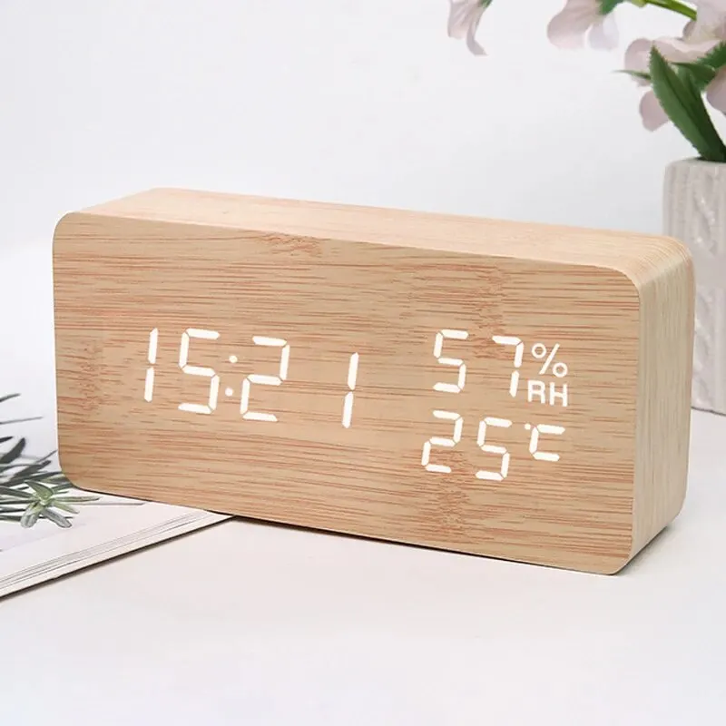 Enhanced Digital LED Wooden Clock with Voice Activation and Silent Alarm