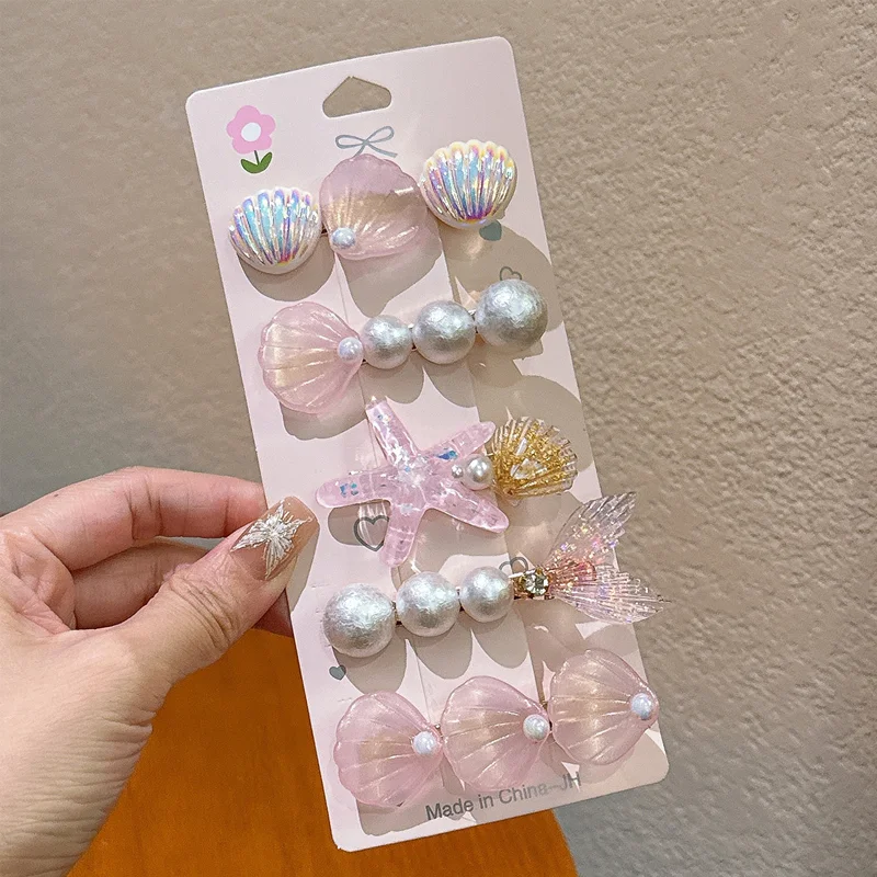 5pcs Starfish Colorful Shell Pearl Hair Clip for Women Sweet Cute Duckbill Clip Fashion Girl Hairpin Hair Accessories