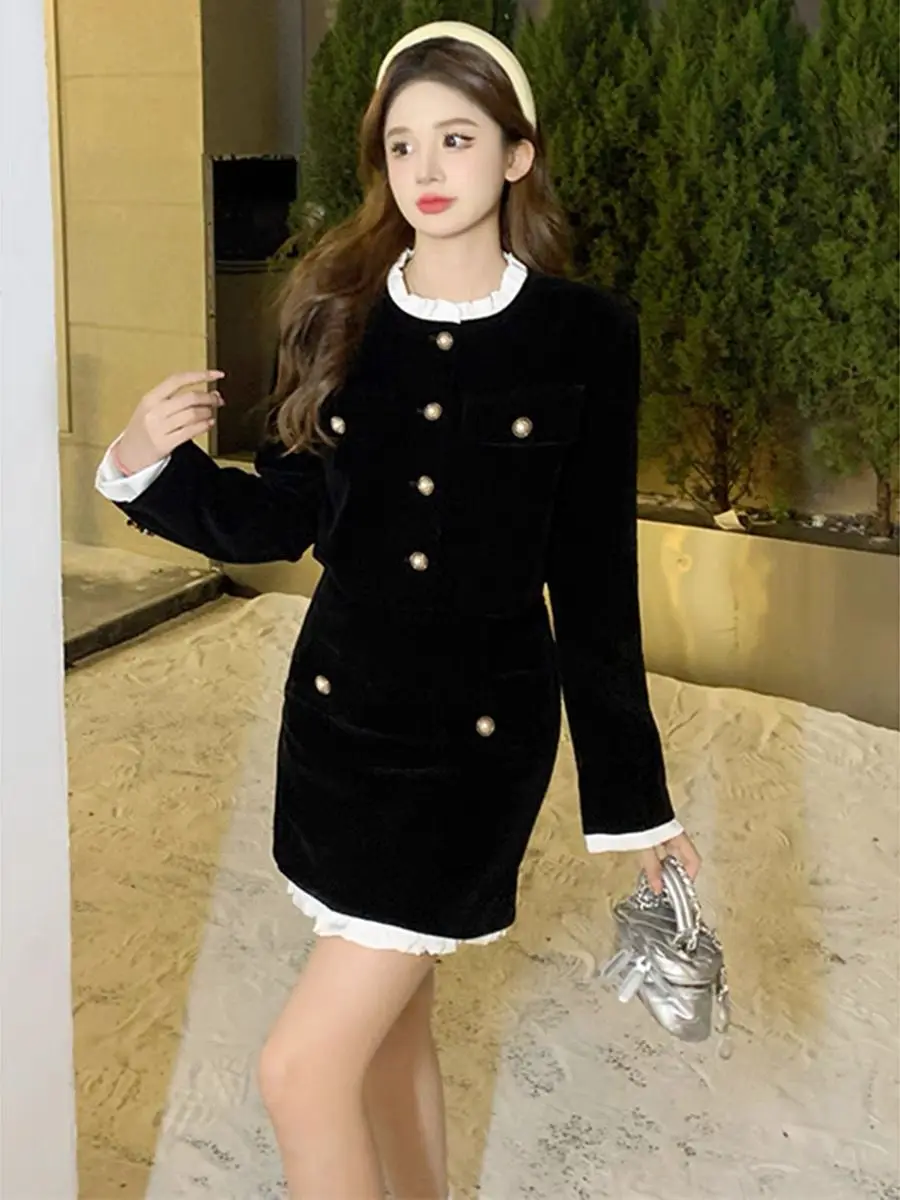 Elegant Black Velvet Two-piece Skirt Sets Long Sleeve Cropped Top Bodycon Mini Skirt Ruffles Korean Fashion Autumn Spring Outfit