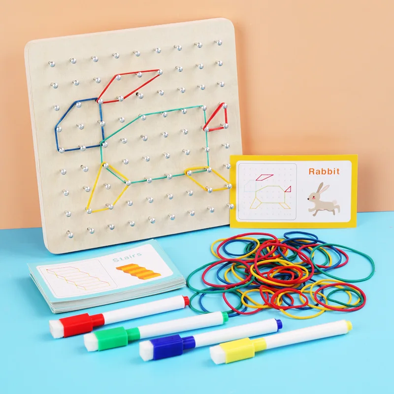 

Hot Sale Wooden Toys Geoboard Mathematical Manipulative Block-30Pcs Pattern Cards Geo Board with Rubber Bands Puzzle for Kids