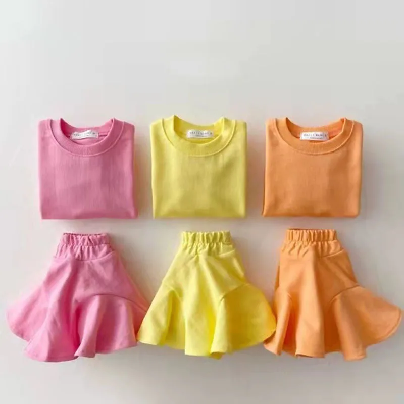 

Candy Color Kids Long Sleeve Clothes Set Casual Sweatshirt Fashion Pajamas Infant Girl Solid Skirts Fashion Children 2pcs Suit