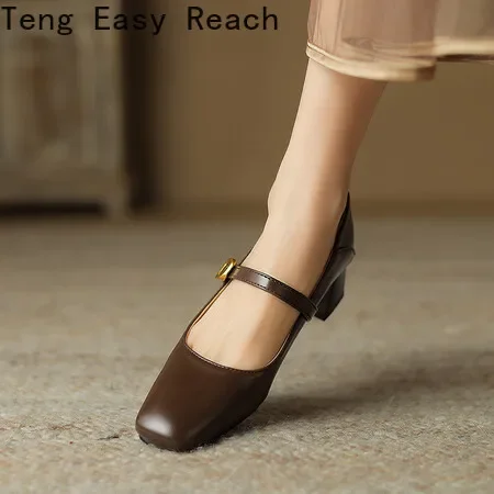 2024 New Square Head Fashion Thick Heel Shoes Buckle Simple Women's Shoes Mary Jane Women's Shoes High 4.5cm Size 34-43
