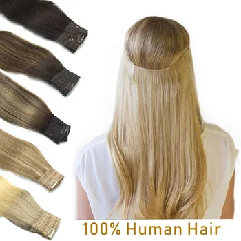Filo nelle estensioni dei capelli Capelli umani Linea di pesce diritta Estensioni dei capelli di fusione naturale con clip Estensioni dei capelli di trama per le donne