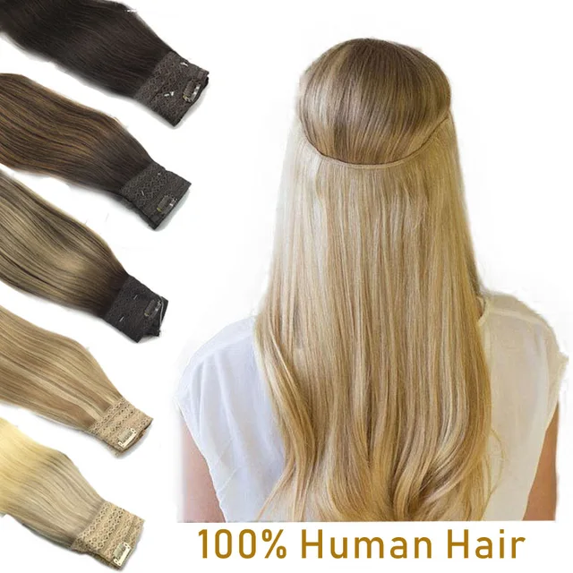 Fil dans les Extensions de cheveux cheveux humains ligne de poisson droite Extensions de cheveux de Fusion naturelle avec Clips Extensions de cheveux de trame pour les femmes 1
