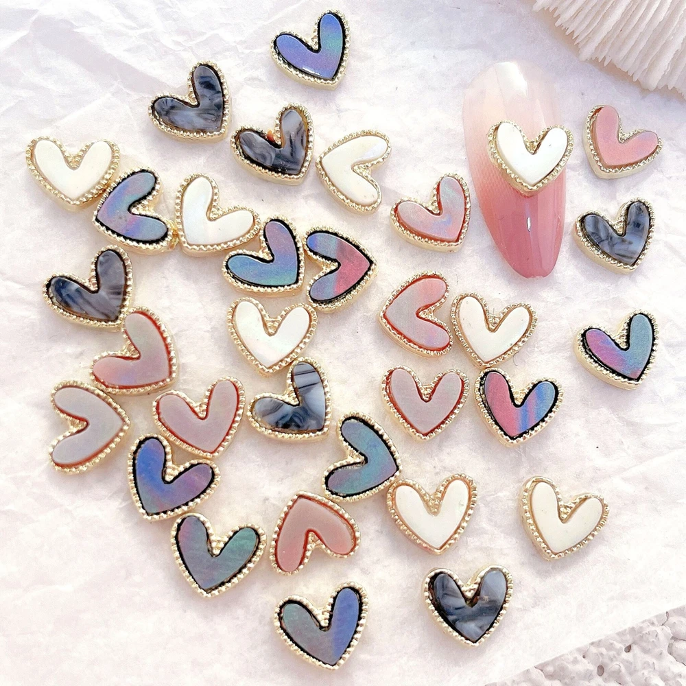 

10PCS 3D Fritillary Shell Nail Art Heart Charms Multicolor Rhinestones Jewelry Flat Bottom Shaped Gems Diamond Nails Decorations