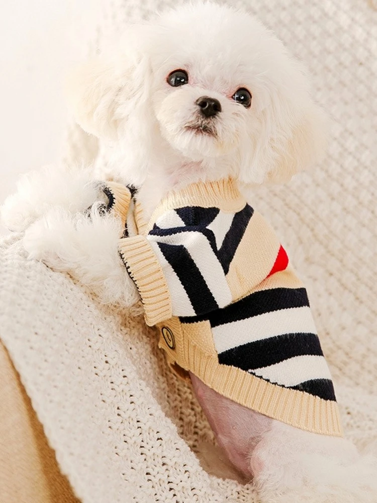 가을 겨울 강아지 옷 치와와 비숑 애완견 스웨터 부드러운 줄무늬 가디건 코트 강아지 따뜻한 니트 재킷 강아지 소녀 의상