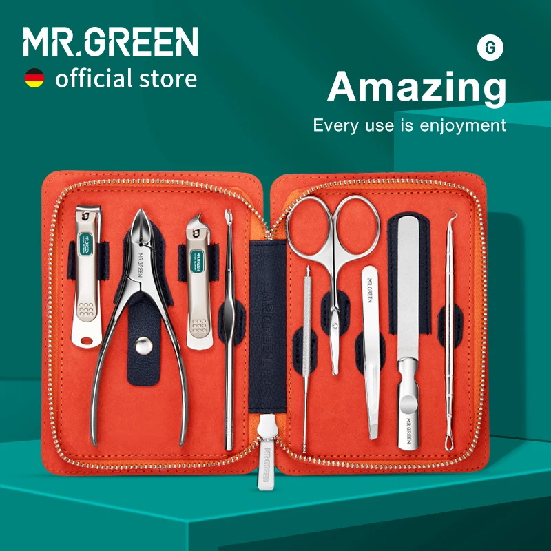 Set manichiură MR.GREEN 9 în 1 Kit practic profesional cu husă din piele Unghiere din oțel inoxidabil_voghion.com
