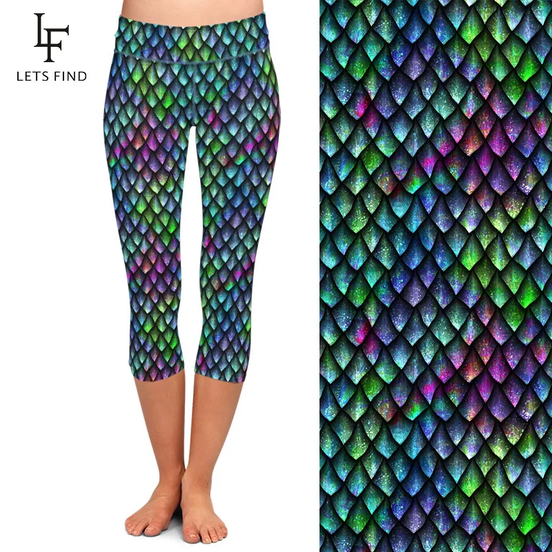 LETSFIND Seamless 3D Fish Scales Print Capri Pants Fashion Sexy High Waist Elastic Milk Silk  Women Mid-Calf Leggings