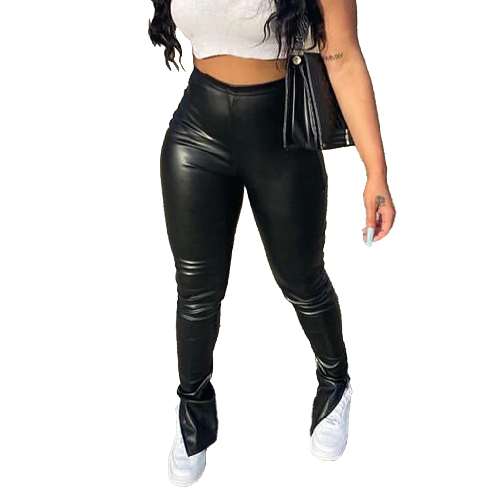 Pantalon en Faux Cuir pour Femme Couleur Unie Ourlet Fendu 1x Toutes Saisons Noir 03 Mode Vert Haki Taille Haute Orange