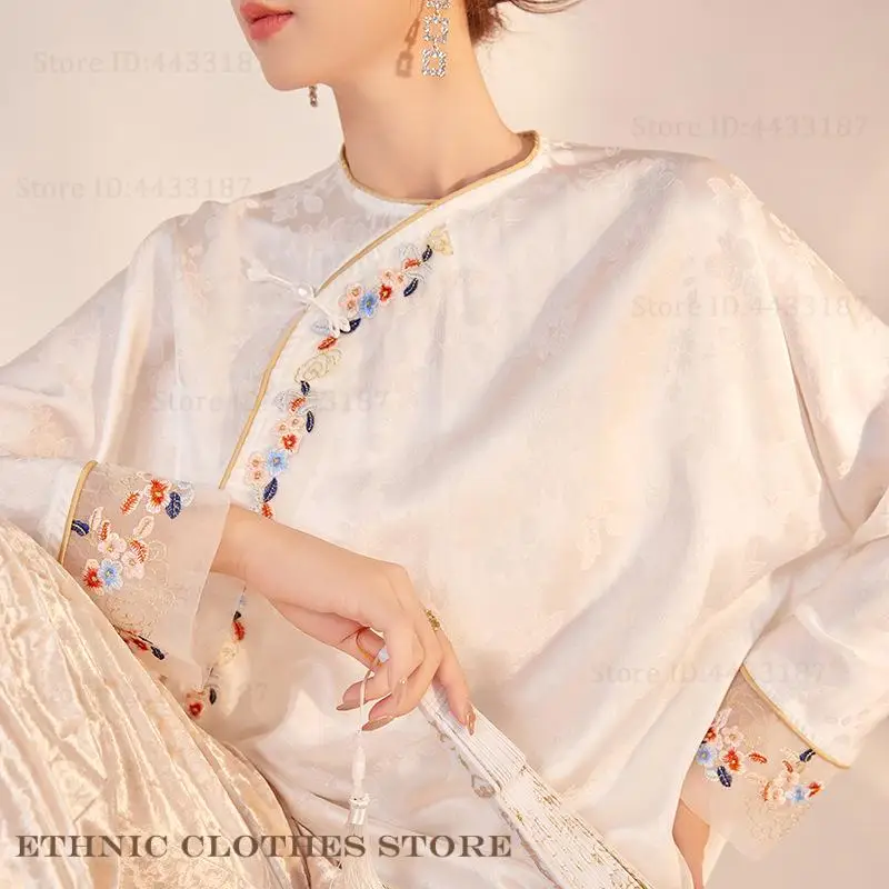 New Chinese Style Female Tang Clothes Tops Retro Slant Collar Embroidery Hanfu Shirt Blouse Spring Summer Satin Outwear Qipao