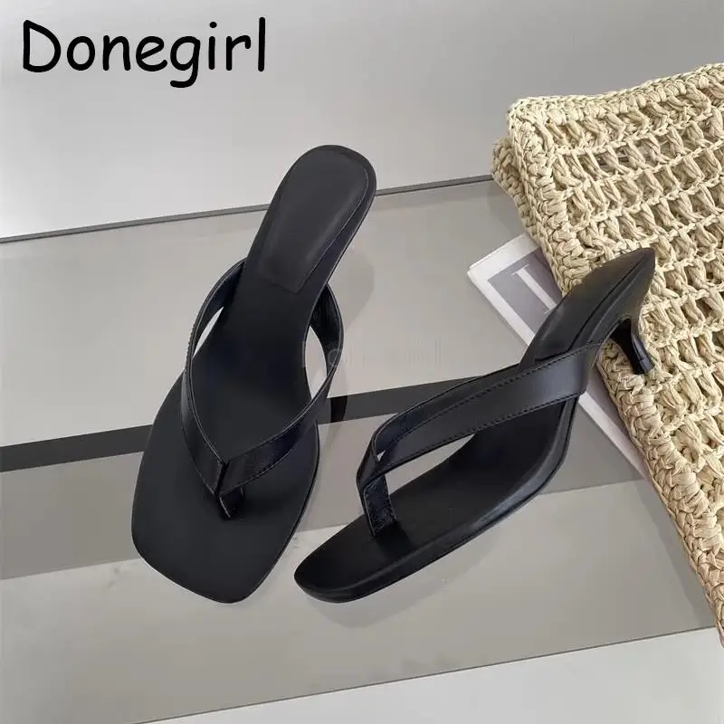 

Donegirl 2023 Summer New Women Fashion Leather Square Head Mid Heel Slippers Solid Basic Versatile Shoes Female Chic Flip-flops
