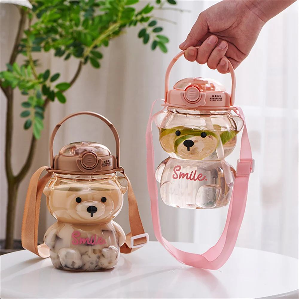 빨대 있는 야외 음료수 병, 싱글 레이어, 음료 용기 물컵, 스포츠 키즈 물병, 귀여운 곰 머그컵, 1000ml