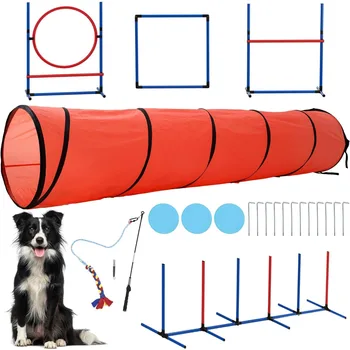 Dog Agility Equipments, Includes Flirt Pole Toy, 3 Flying Discs, 1 Agility Tunnel, 2 Jumps, 6 Weave Poles, Pause Box, Agility 2
