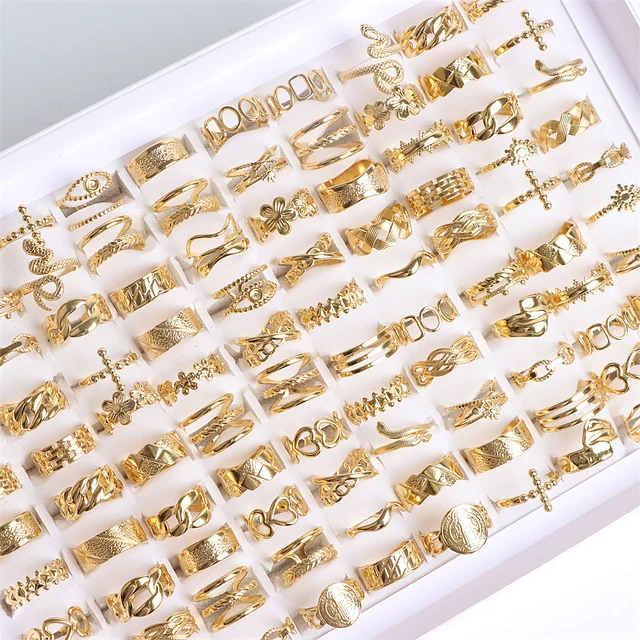 10/20Pcs/Lot Fashion Stainless Steel Adjustable Opening Ring For Women Men Mix Style Heart Snake Flower Jewelry No Fade