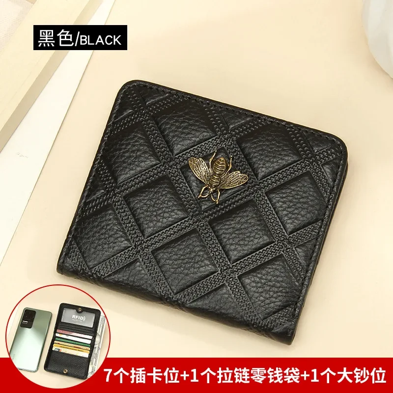 Luxury Brand Bee Decoration Women Leather Wallet RFID Blocking Small Bifold Zipper Pocket Wallet Card Case Purse with ID Window