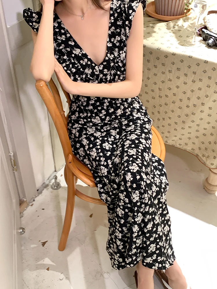 

Summer Floral Printed Black Dress Vintage Backless Flying sleeve Holiday V Neck Dress Robe Sundress Beach Style Vestido 2024