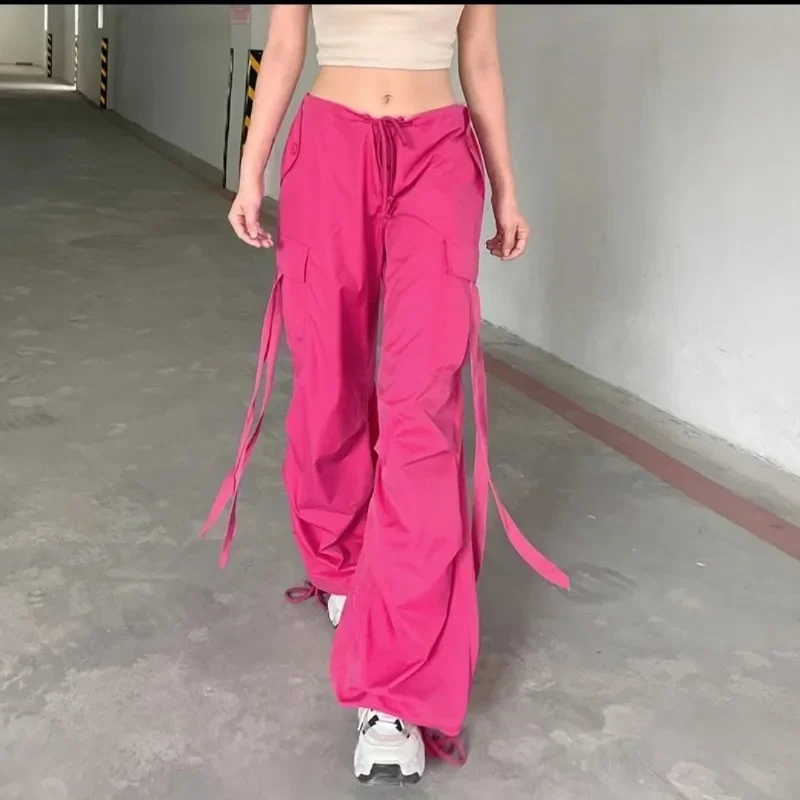 Korean Style Cargo Pants 2024 New Sweatpants Lace Up High Rise Chic Pink Casual Streetwear Womens Pants Y2k Pants Joggers Women