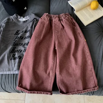 Boys Girls Jeans 2025 Autumn Spring Korean Style Fashion Trendy Kids Clothes Loose Casual Long Red Solid Color Pant 1