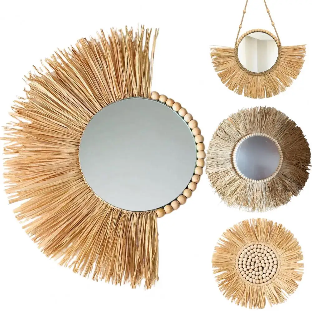 40cm Hanging Mirror Straw Moroccan Wood Beads Acrylic Multi-function Decorative Ornament Rattan Nordic Wicker Decor For Bedroom