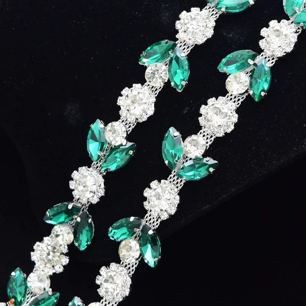 Description Picture 6 of item1 yard leaf rhinestone chain Silver plated shiny sewing ribbon Crystal metal decorative applique for wedding necklace accessorie